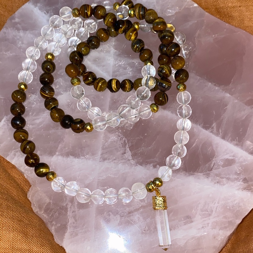 Clear Quartz & tigers eye long beaded necklace